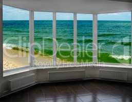 plastic window with view of marine waves