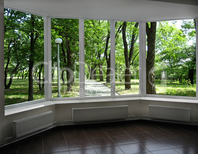 plastic window with view of city park