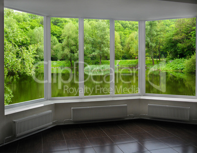 modern window of veranda overlooking the river