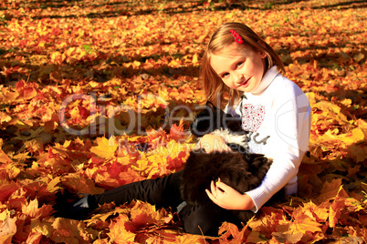 little girl plays with her cat in the autumn park