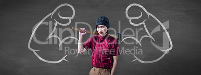 Composite image of hipster holding a axe