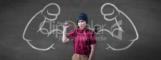 Composite image of hipster holding a axe