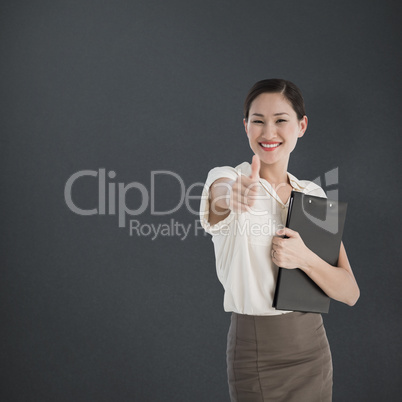 Composite image of woman gesturing thumbs up with people waiting