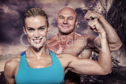 Composite image of portrait of confident cheerful man and woman