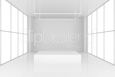 pedestal in white room with windows. 3d render