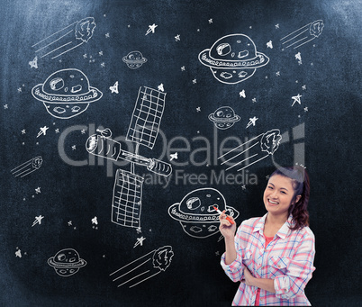 Composite image of smiling woman against wooden wall with notes