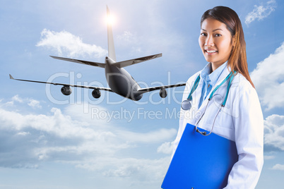 Composite image of asian doctor holding blue binder