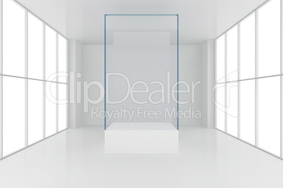 display case. 3d render showcase in white room with windows