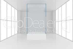 display case. 3d render showcase in white room with windows