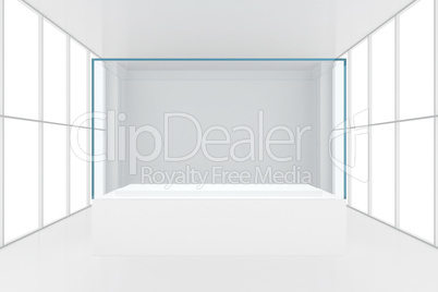 display case. 3d render showcase in white room with windows