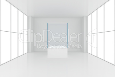 display case. 3d render showcase in white room with windows