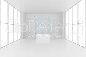 display case. 3d render showcase in white room with windows
