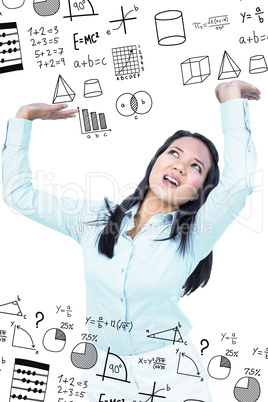 Composite image of worried businesswoman pushing something up