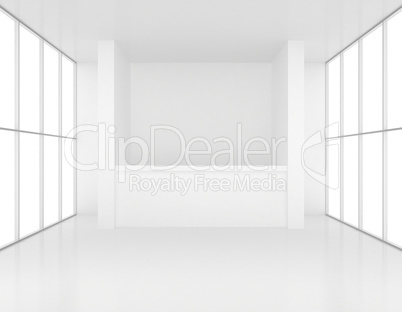 reception desk in white room with windows. 3d render