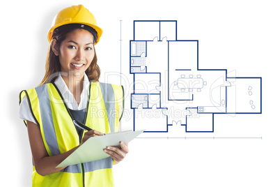 Composite image of architect woman with yellow helmet and plans