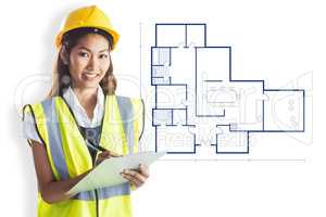 Composite image of architect woman with yellow helmet and plans