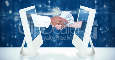 Composite image of  businessman handing over banknotes to female