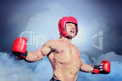 Composite image of boxer with arms outstretched against black ba