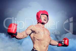 Composite image of boxer with arms outstretched against black ba