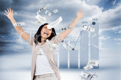 Composite image of smiling woman throwing money around