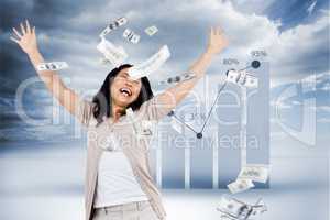 Composite image of smiling woman throwing money around