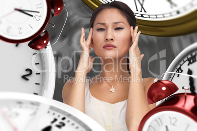 Composite image of concerned woman posing and looking at camera