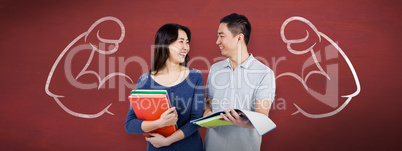 Composite image of couple smiling at each other while holding bo