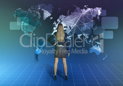 Girl stands in front of the network world map