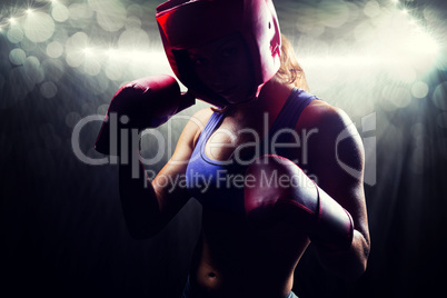 Composite image of portrait of female fighter with fighting stan