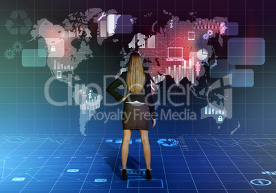 Girl stands in front of the network world map