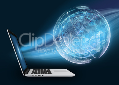 Laptop with digital globe against dark background. The absorption of planet