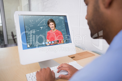 Composite image of smiling student with tablet