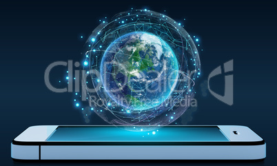 Phone and Globe surrounded by a virtual data network