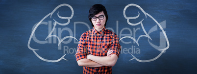 Composite image of serious hipster with crossed arms