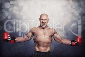 Composite image of successful boxer with arms outstretched