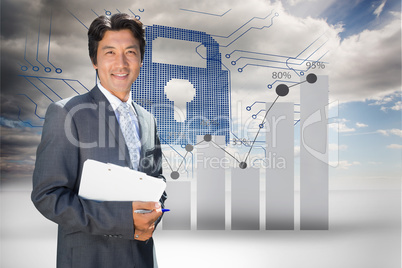 Composite image of confident estate agent standing at front door