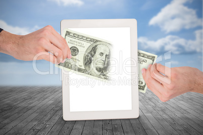 Composite image of hand of businessman holding tweezers