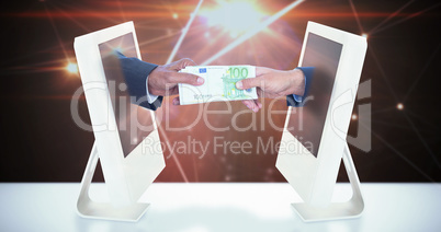 Composite image of businessmen shaking hands and exchanging mone