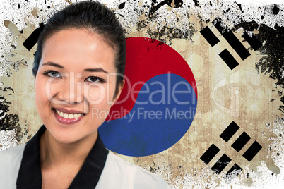 Composite image of smiling businesswoman with notes