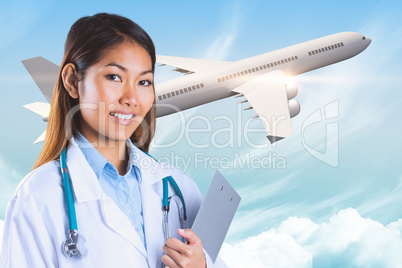 Composite image of asian doctor holding clipboard