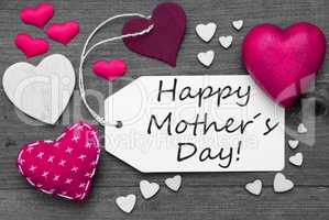 Black And White Label, Pink Hearts, Text Happy Mothers Day