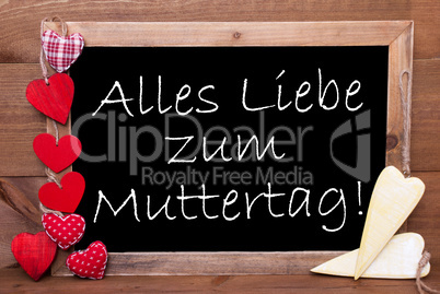 One Chalkbord, Red And Yellow Hearts, Muttertag Means Mothers Day