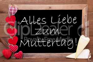 One Chalkbord, Red And Yellow Hearts, Muttertag Means Mothers Day