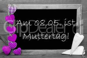 Black And White Blackbord, Purple Hearts, Muttertag Means Mothers Day