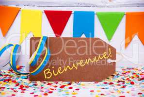 Label With Party Decoration, Text Bienvenue Means Welcome