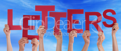 Many People Hands Holding Red Word Letters Blue Sky