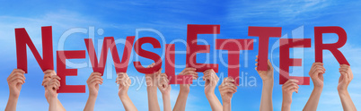 Many People Hands Holding Red Word Newsletter Blue Sky