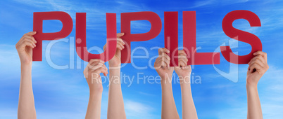 Many People Hands Holding Red Straight Word Pupils Blue Sky