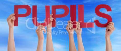 Many People Hands Holding Red Straight Word Pupils Blue Sky