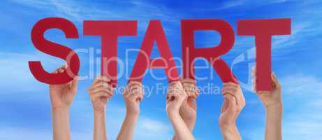 Many People Hands Holding Red Straight Word Start Blue Sky